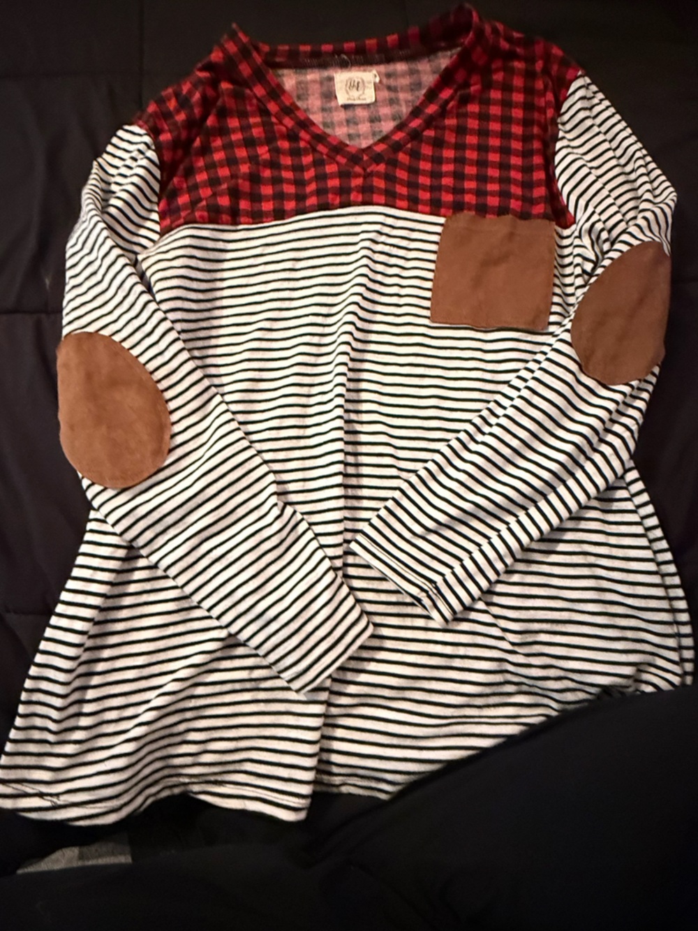 Grace and Emma Black & White Striped Long-Sleeve Top with Brown Elbow Patches